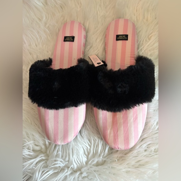 Victoria's Secret Shoes - Victoria's Secret Signature Satin Slipper Pink Stripe Black  Fur Trim NWT size M